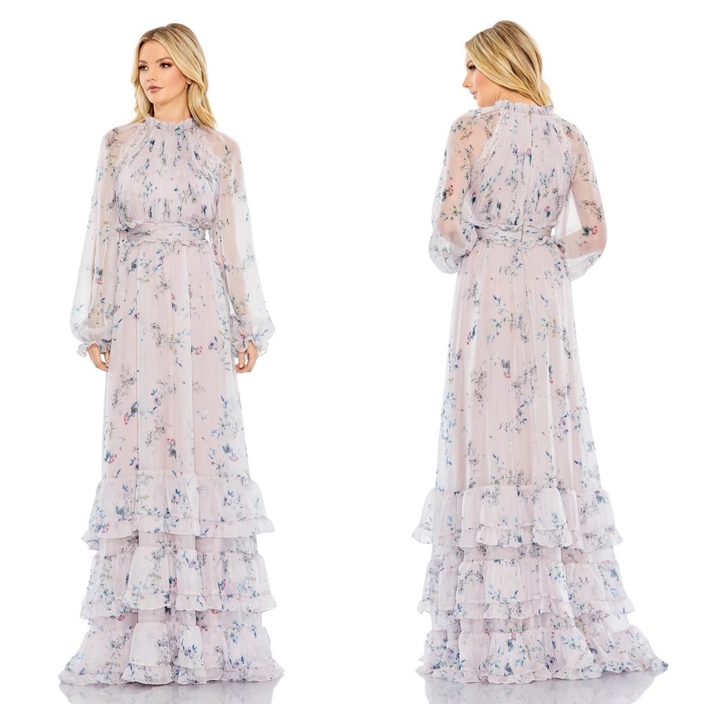 NWT 68199 Mac Duggal Lilac Floral Ruffle Long Sleeve Gown